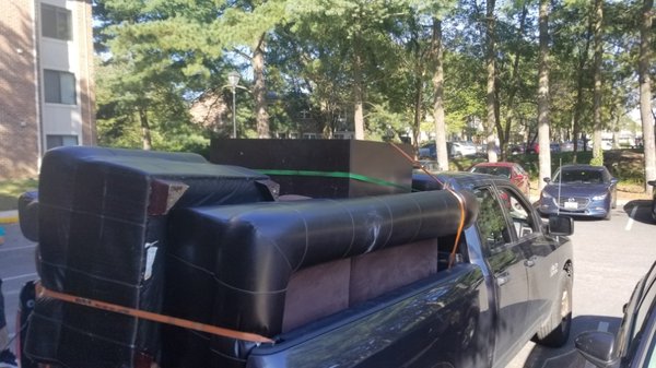 A 3 piece job - A repeat customer wanted me to remove her furniture from her apartment. I asked if there is anyone to help me carry it out so I do hit any walls she said no. So I had my employee help and we got the job done for her. 

I do have a facebook page Carls hauling service