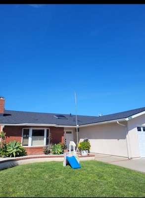 Huntington Beach 5161 Gelding - Existing shingles removed. Water/termite damaged wood replaced. Sheathing inspection by the city. Install 30 Lb. underlayment. Install edge metal, plumbing flashings, heater flashings, roof to wall, chimney saddle and metal transitional shingles at the roof/ skylight and wall transition. Paint the flashings. Install Certainteed landmark shingles. Color: Moire Huntington Beach 5161 Gelding - Existing shingles removed. Water/termite damaged wood replaced. Sheathing inspection by the city. Install 30 Lb. underlayment. Install edge metal, plumbing flashings, heater flashings, roof to wall, chimney saddle and metal transitional shingles at the roof/ skylight and wall transition. Paint the flashings. Install Certainteed landmark shingles. Color: Moire