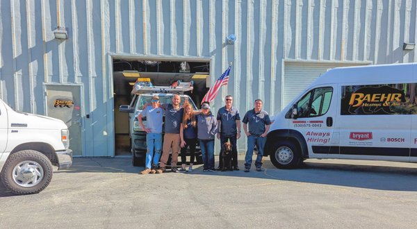 2023 Team - BAEHR Heating & Air 2023 Crew! From Left to Right we have Johnny, Alex, Carrie, Lauren, Jay & Zach. Down in front is our shop dog, Kona! If you're lucky she'll be at your next call. Call Carrie & Lauren in office to get an appointment set up TODAY!