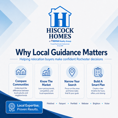Rochester NY Relocation Help - For buyers relocating to the Rochester area, local guidance matters. I help clients compare communities, housing styles, commute considerations, property taxes, lifestyle preferences, and market conditions across Greater Rochester and the Finger Lakes region. Whether someone is moving from across New York or across the country, I provide local insight to help them make a confident decision.