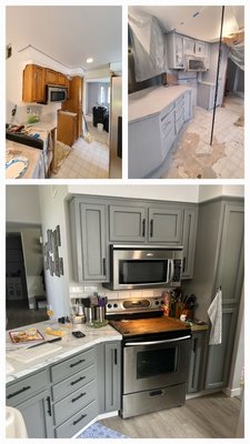 Cabinet Repaint - The remodel was done on an old kitchen. They wanted a more modern feel without the high expense of having to replace the cabinets. A new face lift with high-quality paint gave them just that! Cabinet Repaint - The remodel was done on an old kitchen. They wanted a more modern feel without the high expense of having to replace the cabinets. A new face lift with high-quality paint gave them just that!