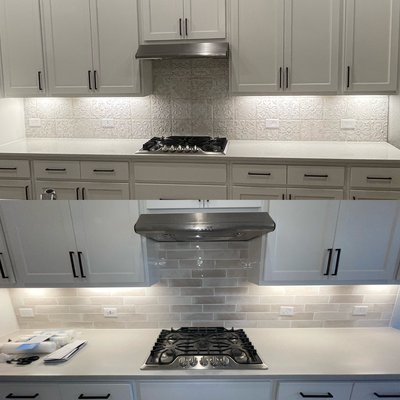 Kitchen backsplash - New homeowner wanted to give the kitchen a more modern looking backsplash Kitchen backsplash - New homeowner wanted to give the kitchen a more modern looking backsplash
