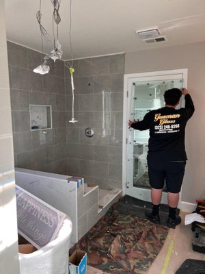 90⁰ Shower Door - This installation features a remodel of an old restroom. During the time the restroom was still being constructed, we were called to action and tasked with installing the shower door as the space in which it sat was completed. Our client knew exactly what they wanted to see and gave us a 4 day grace period to get it done. In the end, they loved our work and have yet to contact us for any issues or concerns regarding the shower. 90⁰ Shower Door - This installation features a remodel of an old restroom. During the time the restroom was still being constructed, we were called to action and tasked with installing the shower door as the space in which it sat was completed. Our client knew exactly what they wanted to see and gave us a 4 day grace period to get it done. In the end, they loved our work and have yet to contact us for any issues or concerns regarding the shower.