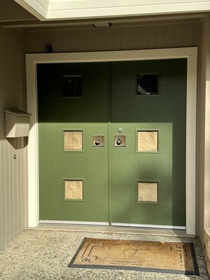 Saratoga Project - Old wood door and replaced with an Iron door with operating sidelights and screens. Saratoga Project - Old wood door and replaced with an Iron door with operating sidelights and screens.