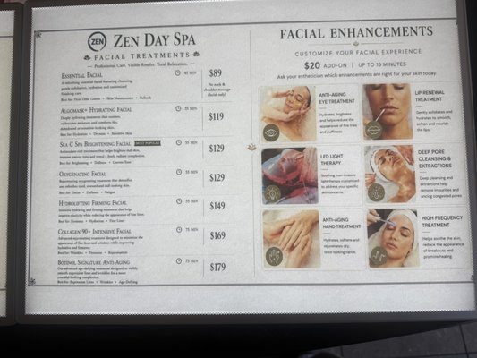 Zen Day Spa Service Menu - A comprehensive service menu showcasing Zen Day Spa’s facial treatments, massage services, scalp therapies, and signature spa combinations. The menu highlights customized skincare options, relaxing massage experiences, and wellness-focused treatments designed to help guests look and feel their best. Photos feature the spa’s facial, massage, foot massage, deep scalp therapy, and signature combo offerings. Zen Day Spa Service Menu - A comprehensive service menu showcasing Zen Day Spa’s facial treatments, massage services, scalp therapies, and signature spa combinations. The menu highlights customized skincare options, relaxing massage experiences, and wellness-focused treatments designed to help guests look and feel their best. Photos feature the spa’s facial, massage, foot massage, deep scalp therapy, and signature combo offerings.