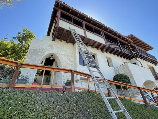Exterior paint job of Spanish style house. ,stucco repair and cool life paint applied - This job was done in the old time city of Whittier. And house was not painted in 25 years. We puedes wash the house, fix stucco, resolve rotten wood, mask, prep house. Patch, stain work . And applied cool life reflecting paint. 2 coats Exterior paint job of Spanish style house. ,stucco repair and cool life paint applied - This job was done in the old time city of Whittier. And house was not painted in 25 years. We puedes wash the house, fix stucco, resolve rotten wood, mask, prep house. Patch, stain work . And applied cool life reflecting paint. 2 coats