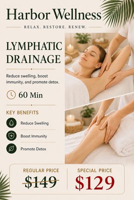 Lymphatic Drainage Massage - Our 60-minute Lymphatic Drainage Massage uses gentle techniques to help reduce swelling, support circulation, boost immunity, and promote natural detoxification. Regular price $149, now $129 for a limited time.
