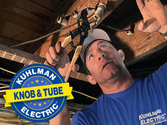 Knob & Tube Wiring Replaced - Kuhlman Electric specializes in removing and replacing Knob and Tube wiring. Many homes in the Boston and South Shore region are 100-years old and still have the original wiring. This early 1900's wiring method was called Knob and Tube. Because the power wires had limited capacity they could heat to a dangerous level, so they wrapped the wires around knobs and through tubes to keep them away from the wood framing. Knob and Tube also has no "ground wire", making it even more dangerous. Because it's a fire hazard, finding insurance coverage is difficult and more expensive, and insulating exterior walls is a violation of code if there is active Knob and Tube in your home. This project was in Wakefield MA. It started with an inspection and cost estimate, then we carefully disengaged all the live Knob and Tube wiring and replaced it with modern grounded Romex. Note: When it comes to Knob and Tube, Kuhlman is an expert with years of experience. We know how to replace Knob and Tube without ripping down or disturbing your walls,we snake the new wiring with limited remediation needed. Pardon us for making this point, but if you choose the wrong electrician you could end-up with a big pile of plaster in the living room ;)