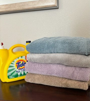 TOWELS READY FOR DELIVERY - Clothes and Towels are separated, folded and bagged ready to be delivered. TOWELS READY FOR DELIVERY - Clothes and Towels are separated, folded and bagged ready to be delivered.