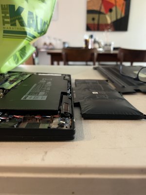 Internal battery replacements - This particular Laptop came in the screws holding down the cover popped off and they we heading to explosion or fire. Yes they do explode, quite spectacularly at times I might add. Total time was an hour, some take longer. Internal battery replacements - This particular Laptop came in the screws holding down the cover popped off and they we heading to explosion or fire. Yes they do explode, quite spectacularly at times I might add. Total time was an hour, some take longer.