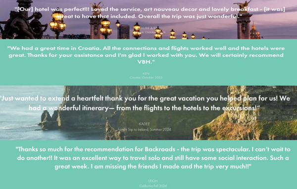 Happy Clients - Never worked with a travel agent before? Many first-time VBH clients come to us because they are too busy, overwhelmed by the options or just unsure about what they want to do or where they want to go. We can help you get to your dream vacation in 6 steps, just like we did with these clients!
Schedule a vacation planning call on our website today! Happy Clients - Never worked with a travel agent before? Many first-time VBH clients come to us because they are too busy, overwhelmed by the options or just unsure about what they want to do or where they want to go. We can help you get to your dream vacation in 6 steps, just like we did with these clients!
Schedule a vacation planning call on our website today!
