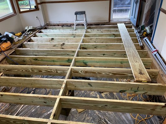 Kitchen Floor Remodel/Repair - This kitchen floor was falling in, we replaced floor joist, floor sheathing, and hardwood laminate flooring, then updated plumbing, and paint Kitchen Floor Remodel/Repair - This kitchen floor was falling in, we replaced floor joist, floor sheathing, and hardwood laminate flooring, then updated plumbing, and paint