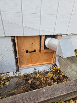 Crawlspace door rebuild - This was a crawlspace door that wasn't sealed and allowed rodent access. The dryer vent could not be relocated, so I had to thi k outside the box. Secure and solid no more rodent activity. Crawlspace door rebuild - This was a crawlspace door that wasn't sealed and allowed rodent access. The dryer vent could not be relocated, so I had to thi k outside the box. Secure and solid no more rodent activity.