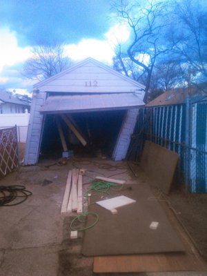 leaning garage - This was a garage that had rotten sills and wall studs and eventually laid over onto the customers neighbor's fence. We stood it back up and replaced all the rotten wood and the customers could have been happier. leaning garage - This was a garage that had rotten sills and wall studs and eventually laid over onto the customers neighbor's fence. We stood it back up and replaced all the rotten wood and the customers could have been happier.