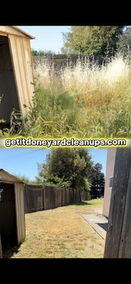 Get It Done Yard Cleanup - Before and after photos showing high weeds, overgrown bushes, etc., after photos, showing quality work & a well manicured yard.