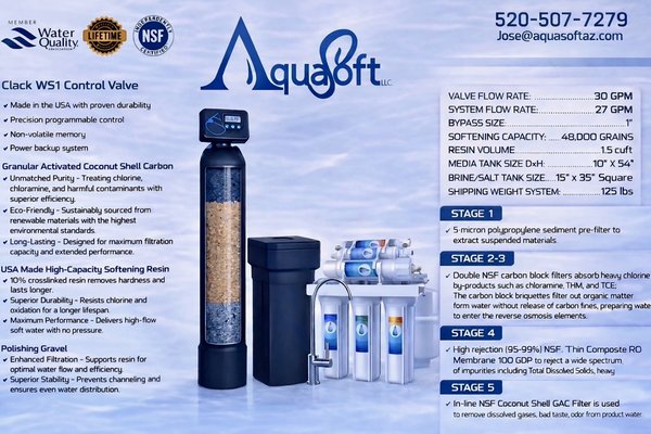 Here is a brochure of our equipment. - Our water softeners come with a lifetime warranty and our Reverse Osmosis with a 5 year warranty. Here is a brochure of our equipment. - Our water softeners come with a lifetime warranty and our Reverse Osmosis with a 5 year warranty.