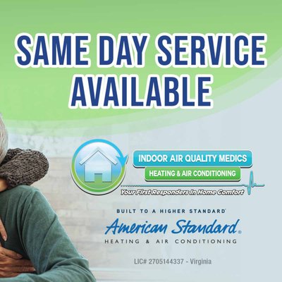 Same Day Service Available - Call today to schedule your HVAC service appointment! Same Day Service Available - Call today to schedule your HVAC service appointment!