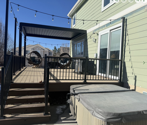 Composite deck with steel, motorized pergola - Denver weather can change on a dime, so these all-steel, motorized pergolas are a smart upgrade for any outdoor space. When the sun’s out, open the louvers and enjoy it. When rain or snow rolls in, just push a button and the louvers close—keeping the area below dry, comfortable, and ready to use. Composite deck with steel, motorized pergola - Denver weather can change on a dime, so these all-steel, motorized pergolas are a smart upgrade for any outdoor space. When the sun’s out, open the louvers and enjoy it. When rain or snow rolls in, just push a button and the louvers close—keeping the area below dry, comfortable, and ready to use.