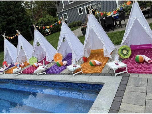 Kids Poolside Cabanas - We set up this party of 6 - Tutti Fruitti theme for a birthday party - Poolside Cabana Style! Kids Poolside Cabanas - We set up this party of 6 - Tutti Fruitti theme for a birthday party - Poolside Cabana Style!