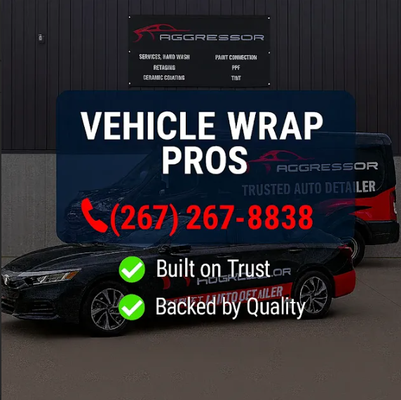 🎨🚘 Vehicle Wraps by Aggressor Pro Auto Detailing Transform Your Ride. Expr - Transform Your Ride. Express Your Style.
📲 Reach Us: 📞 (267) 267-8838
🌟 Our Wrap Services
Vehicle Wrapping Application
Full and partial wraps, expertly installed for any make or model.
Wrap Design
Custom graphics 🖌️ to make your vehicle unique—stand out on the road!
Wrap Removal
Safe and clean removal or replacement of existing wraps 🧰.
Protection & Care
Wrap-friendly cleaning and maintenance 🛡️ to keep your wrap looking sharp.
Aggressor Pro Auto Detailing
Your wrap, your way—let’s get creative!
📞 (267) 267-8838