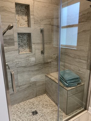 Handicap Full Bathroom Spa Retreat - This Custom Full Bathroom redesign transformed a vintage and outdated bathroom into a Handicap Accessible Spa retreat. It features a new walk in seamless shower with bench, as well as a semi custom vanity and marble countertop. Handicap Full Bathroom Spa Retreat - This Custom Full Bathroom redesign transformed a vintage and outdated bathroom into a Handicap Accessible Spa retreat. It features a new walk in seamless shower with bench, as well as a semi custom vanity and marble countertop.