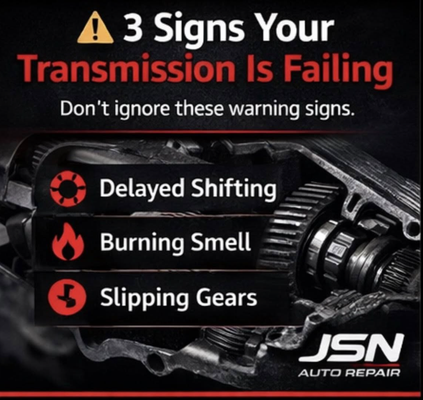 Transmission Repair - For shifting issues or transmission problems, trust JSN’s experienced technicians for honest diagnostics and expert repairs or rebuilds. We service all makes and models.

Services:
✔️ Comprehensive diagnostics
✔️ Transmission repair & rebuild
✔️ Fluid service

Why Choose Us? Early action saves you money! Family owned, ASE Certified, and offering one of the best warranties in the region.

Have shifting concerns? Book your transmission check at JSN Auto Repair today: 941-485-5823