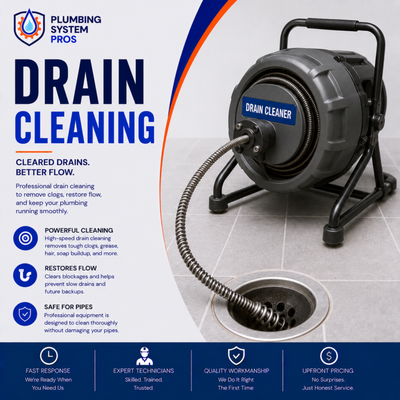 Drain Cleaning 💧🔧 - When it comes to clogged drains or slow-flowing pipes, Plumbing System Pros provides fast, reliable, and thorough drain cleaning services that get your plumbing system back to normal in no time. Our experienced plumbers use professional-grade tools and advanced techniques to clear even the toughest blockages—without causing damage to your pipes.

Whether it’s your kitchen sink, shower, toilet, or main sewer line, we’ll identify the cause of the problem and clean it properly the first time. From grease buildup and hair clogs to root intrusion and scale buildup, we’ve seen (and cleared) it all.

💧 Our Drain Cleaning Services Include:

- Kitchen and bathroom drain unclogging
- Main line and sewer cleaning
- Hydro jetting for deep cleaning
- Video camera inspections to locate blockages
- Preventive maintenance to stop future clogs

We pride ourselves on honest pricing, prompt response times, and guaranteed results. No mess, no hidden fees—just clean, free-flowing drains.

✅ Licensed & Insured | ✅ Same-Day Service | ✅ Free Estimates

Plumbing System Pros – Keeping your drains flowing smoothly, 100% of the time.