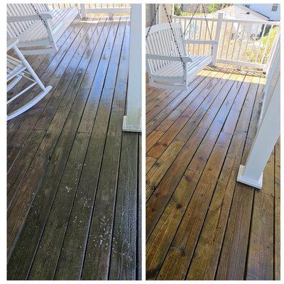 Deck wash - This deck had algae build-up. I removed it with a special deck-wash formula. It took approximately 1 hour. Deck wash - This deck had algae build-up. I removed it with a special deck-wash formula. It took approximately 1 hour.