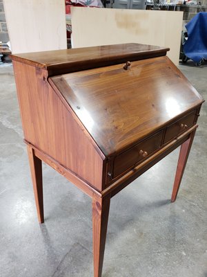 Antique Desk Refinishing: From Boring to Bold - The owner of this antique desk wanted to completely change the look of the desk. After a brief consultation, she chose a new stain color for the outside and a different one for the inside of the desk. After stripping off the old finish, we hand-sanded the interior and exterior before applying the new stain and the final finsih. Antique Desk Refinishing: From Boring to Bold - The owner of this antique desk wanted to completely change the look of the desk. After a brief consultation, she chose a new stain color for the outside and a different one for the inside of the desk. After stripping off the old finish, we hand-sanded the interior and exterior before applying the new stain and the final finsih.