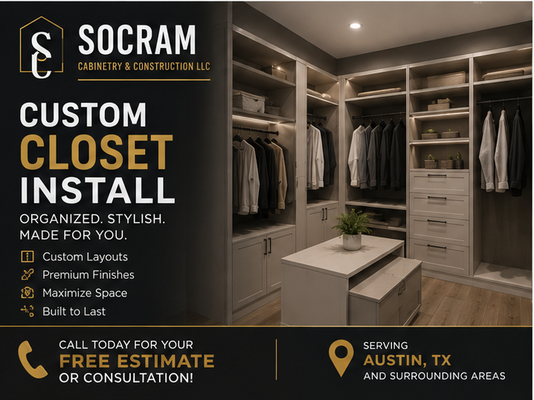 Closet Installations - Maximize your space and organization with custom closet installations. Our team designs and builds storage solutions that fit your lifestyle—walk-ins, reach-ins, and everything in between—combining style and practicality for a clutter-free home. Closet Installations - Maximize your space and organization with custom closet installations. Our team designs and builds storage solutions that fit your lifestyle—walk-ins, reach-ins, and everything in between—combining style and practicality for a clutter-free home.