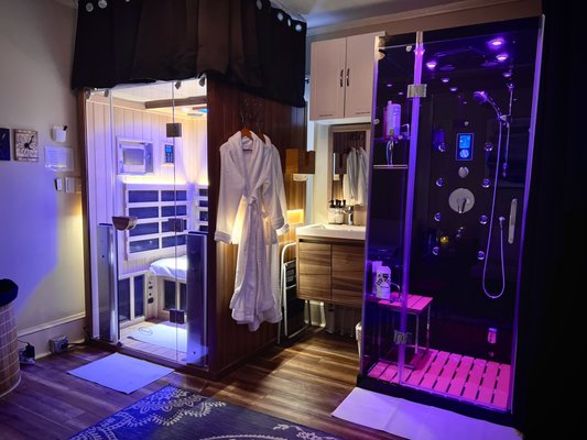 Full Spectrum Infrared Sauna & Steam Shower - Elevate your wellness experience with our unique combination of a Steam Shower, offering aromatherapy infusion, and a Full Spectrum Infrared Sauna, enhanced with chromotherapy, designed to detoxify your body, soothe your senses, and improve your mood in a serene, rejuvenating retreat. Full Spectrum Infrared Sauna & Steam Shower - Elevate your wellness experience with our unique combination of a Steam Shower, offering aromatherapy infusion, and a Full Spectrum Infrared Sauna, enhanced with chromotherapy, designed to detoxify your body, soothe your senses, and improve your mood in a serene, rejuvenating retreat.