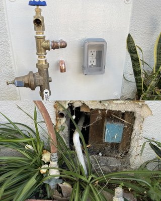Pressure regulators, and backflows - Here we installed a pressure regulator valve for the incoming cold water. There was a hidden electrical outlet so we doctored it up a little bit. Pressure regulators, and backflows - Here we installed a pressure regulator valve for the incoming cold water. There was a hidden electrical outlet so we doctored it up a little bit.