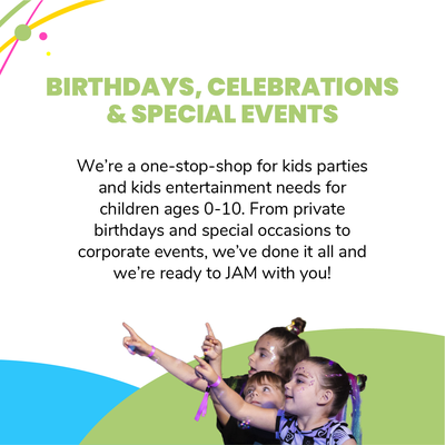 Jam with Jamie Party Options! - We’re a one-stop-shop for birthday party entertainment needs for children ages 0-10. From private birthdays and special occasions to corporate events, we’ve done it all in the kids entertainment world - and we’re ready to JAM with you! Jam with Jamie Party Options! - We’re a one-stop-shop for birthday party entertainment needs for children ages 0-10. From private birthdays and special occasions to corporate events, we’ve done it all in the kids entertainment world - and we’re ready to JAM with you!