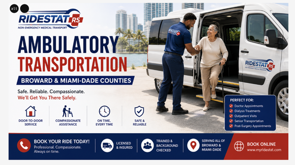 Ambulatory Transportation - At RideStat Non-Emergency Medical Transport, we provide professional ambulatory transportation services for seniors, recovering patients, and individuals who can walk with assistance but should not drive themselves.
From Miami high-rise condos in Brickell to residential communities in Pembroke Pines and Fort Lauderdale, we offer dependable, door-to-door medical transport designed around comfort and reliability. Ambulatory Transportation - At RideStat Non-Emergency Medical Transport, we provide professional ambulatory transportation services for seniors, recovering patients, and individuals who can walk with assistance but should not drive themselves.
From Miami high-rise condos in Brickell to residential communities in Pembroke Pines and Fort Lauderdale, we offer dependable, door-to-door medical transport designed around comfort and reliability.