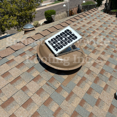 Solar- powered air ventilation installation - This is a solar-powered air vent that we installed for a client in Scottsdale, Arizona in 2024. As roofing professionals, this is a product that we highly recommend for our customers due to its preventative qualities for roofs here in the valley. This includes helping against humidity build up that can cause mold and mildew, and cooling the air more effectively in your home than a passive air vent during extremely high temperatures. Other great benefits include low-maintenance, quick installation by one of our local experts, increasing your roof's lifespan, energy efficiency, environmentally friendly, quiet operations, and of course, it's cost saving to any budget. If you have any questions or would like any additional information, please give us a call.
Interested in making your home more energy-efficient and environmentally friendly? Give us a call today at (602)531-1690. Solar- powered air ventilation installation - This is a solar-powered air vent that we installed for a client in Scottsdale, Arizona in 2024. As roofing professionals, this is a product that we highly recommend for our customers due to its preventative qualities for roofs here in the valley. This includes helping against humidity build up that can cause mold and mildew, and cooling the air more effectively in your home than a passive air vent during extremely high temperatures. Other great benefits include low-maintenance, quick installation by one of our local experts, increasing your roof's lifespan, energy efficiency, environmentally friendly, quiet operations, and of course, it's cost saving to any budget. If you have any questions or would like any additional information, please give us a call.
Interested in making your home more energy-efficient and environmentally friendly? Give us a call today at (602)531-1690.