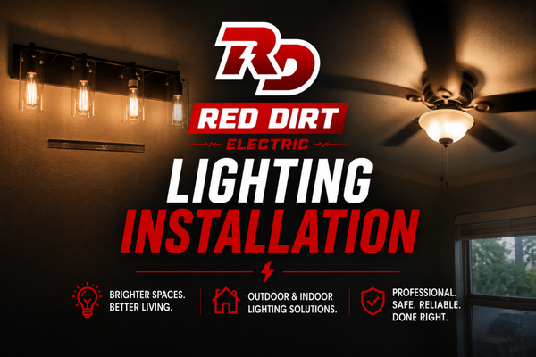 Lighting Installation - Red Dirt Electric provides professional residential lighting installation and lighting upgrades designed to make your home brighter, safer, and more functional. Our lighting services include indoor lighting installation, ceiling light fixtures, kitchen lighting, laundry room lighting, ceiling fan lights, outdoor lighting, security lighting, and replacement or upgraded light fixtures.
Whether you're replacing outdated lighting, adding fixtures to improve visibility, upgrading the lighting in a specific room, or installing exterior lights around your property, our electricians provide safe, reliable electrical work with attention to detail. We can help homeowners improve both the appearance and functionality of their spaces with properly installed lighting solutions built for everyday use.
From interior light fixture installation to outdoor lighting upgrades, Red Dirt Electric delivers dependable electrical and lighting services you can feel confident in. Lighting Installation - Red Dirt Electric provides professional residential lighting installation and lighting upgrades designed to make your home brighter, safer, and more functional. Our lighting services include indoor lighting installation, ceiling light fixtures, kitchen lighting, laundry room lighting, ceiling fan lights, outdoor lighting, security lighting, and replacement or upgraded light fixtures.
Whether you're replacing outdated lighting, adding fixtures to improve visibility, upgrading the lighting in a specific room, or installing exterior lights around your property, our electricians provide safe, reliable electrical work with attention to detail. We can help homeowners improve both the appearance and functionality of their spaces with properly installed lighting solutions built for everyday use.
From interior light fixture installation to outdoor lighting upgrades, Red Dirt Electric delivers dependable electrical and lighting services you can feel confident in.