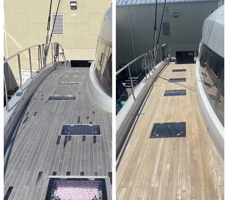 Lagoon 77' - 2 step teak cleaning Lagoon 77' done at Rybovich in West Palm Beach!