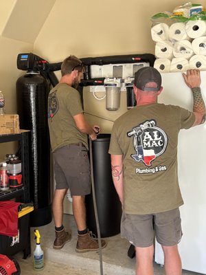 Clack 96k water softner install with sediment and carbon filter - Installing a water softener offers many benefits, from improving the efficiency of appliances to enhancing the feel of your skin and hair. By removing hard minerals like calcium and magnesium, softeners prevent the scaling and buildup that cause a variety of problems throughout your home.
Benefits for your home
Extend the lifespan of appliances. Hard water deposits reduce the efficiency of water-using appliances, such as water heaters, dishwashers, and washing machines, causing them to wear out faster. Softened water eliminates this buildup, helping your appliances run more effectively and last longer.
Lower energy bills. Since soft water doesn't produce scale, your water heater will operate at peak performance and use less energy to heat water.
Prevent plumbing repairs. Mineral buildup can clog pipes, reduce water flow, and lead to expensive plumbing repairs over time. Soft water keeps your pipes clear and free of scale.
Reduce cleaning time and product use. Hard water causes soap scum and mineral spots on fixtures, sinks, dishes, and shower walls, which are difficult to clean. Soft water allows soaps and detergents to lather more effectively, meaning you'll use less and spend less time scrubbing.
Improve laundry and dishes. Soft water washes clothes more effectively, preserving colors and making fabrics feel softer. It also eliminates the spots and cloudy film hard water leaves on dishes and glassware. Clack 96k water softner install with sediment and carbon filter - Installing a water softener offers many benefits, from improving the efficiency of appliances to enhancing the feel of your skin and hair. By removing hard minerals like calcium and magnesium, softeners prevent the scaling and buildup that cause a variety of problems throughout your home.
Benefits for your home
Extend the lifespan of appliances. Hard water deposits reduce the efficiency of water-using appliances, such as water heaters, dishwashers, and washing machines, causing them to wear out faster. Softened water eliminates this buildup, helping your appliances run more effectively and last longer.
Lower energy bills. Since soft water doesn't produce scale, your water heater will operate at peak performance and use less energy to heat water.
Prevent plumbing repairs. Mineral buildup can clog pipes, reduce water flow, and lead to expensive plumbing repairs over time. Soft water keeps your pipes clear and free of scale.
Reduce cleaning time and product use. Hard water causes soap scum and mineral spots on fixtures, sinks, dishes, and shower walls, which are difficult to clean. Soft water allows soaps and detergents to lather more effectively, meaning you'll use less and spend less time scrubbing.
Improve laundry and dishes. Soft water washes clothes more effectively, preserving colors and making fabrics feel softer. It also eliminates the spots and cloudy film hard water leaves on dishes and glassware.