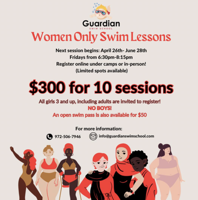 Women Only Swim Lessons - Register for the women only swim lessons! Click the link below and click camps to get registered or give us a call !  All Girls 3 and up Including adults welcome! 
https://app.iclasspro.com/.../guardianswimschool/booking