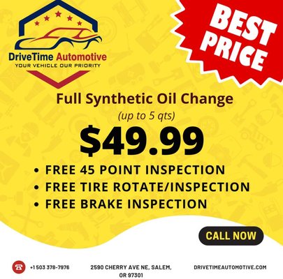 Oil Special  for on $49.99 - Keep your engine running smoothly with our comprehensive oil change special! For just $49.99, our service includes: 
FREE 45-Point Inspection
FREE Tire Rotate
FREE Brake Inspection