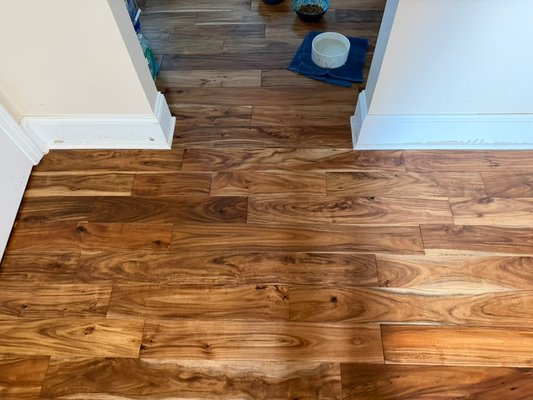 Project #202 - This hardwood flooring project showcases rich natural wood tones and distinctive grain patterns throughout the kitchen, hallways, utility areas, and connected living spaces. The variation from plank to plank adds warmth, depth, and character, while the continuous flooring creates a cohesive flow throughout the home. The finished hardwood brings a timeless, polished look that highlights the natural beauty of the wood.
