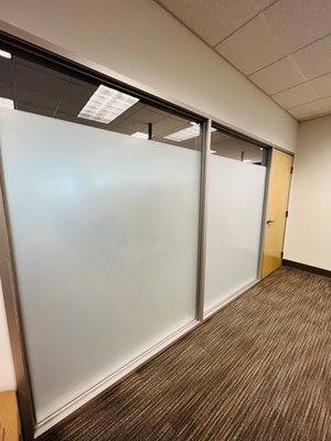 Office window film and tint project - This office space had no privacy and needed it! Our solution was to add window film to these windows. The window frames didn't have enough depth to them. To add blinds on these windows. We think it turned out great! Office window film and tint project - This office space had no privacy and needed it! Our solution was to add window film to these windows. The window frames didn't have enough depth to them. To add blinds on these windows. We think it turned out great!
