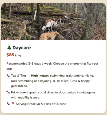 🌲Doggy Daycare Available - Go to my website to fill out my intake form! - Adventure-based dog daycare & boarding across Brooklyn, Queens & Manhattan — hiking, swimming and trail-running your best friend home tired and happy.
🌲 Daycare
Recommended 2–3 days a week. Choose the energy that fits your pup:
Tue & Thu — High impact: swimming, trail running, hiking, rock scrambling or bikejoring. 8–16 miles. Tired & happy guaranteed.
Fri — Low impact: social days for dogs limited in mileage or with mobility issues.
📍 Serving Brooklyn & parts of Queens
A little bit about my background — I have been a Veterinary Technician for over a decade. I started as a volunteer in wildlife rehabilitation at The Wild Bird Fund in Manhattan. I fell in love with it — it was hard not to with all of the little goslings.
As I progressed into clinical medicine at Bay Ridge Animal Hospital, I wanted to add to my career, so I became a dog walker at Bark Slope. Eventually I moved over to Marine Park Veterinary Group and worked as their primary surgical technician with a focus in anesthesiology, while continuing my relationship with dog walking as a manager for Brooklyn Bark.
The balance of animal hospitality and veterinary medicine has strengthened my relationship with all species, and I found a love for dogs that I never expected. I feel truly lucky and proud to be where I am now — fortunate to provide the best life possible for both of my pups, my kitty, and all of our furry friends. 🌲Doggy Daycare Available - Go to my website to fill out my intake form! - Adventure-based dog daycare & boarding across Brooklyn, Queens & Manhattan — hiking, swimming and trail-running your best friend home tired and happy.
🌲 Daycare
Recommended 2–3 days a week. Choose the energy that fits your pup:
Tue & Thu — High impact: swimming, trail running, hiking, rock scrambling or bikejoring. 8–16 miles. Tired & happy guaranteed.
Fri — Low impact: social days for dogs limited in mileage or with mobility issues.
📍 Serving Brooklyn & parts of Queens
A little bit about my background — I have been a Veterinary Technician for over a decade. I started as a volunteer in wildlife rehabilitation at The Wild Bird Fund in Manhattan. I fell in love with it — it was hard not to with all of the little goslings.
As I progressed into clinical medicine at Bay Ridge Animal Hospital, I wanted to add to my career, so I became a dog walker at Bark Slope. Eventually I moved over to Marine Park Veterinary Group and worked as their primary surgical technician with a focus in anesthesiology, while continuing my relationship with dog walking as a manager for Brooklyn Bark.
The balance of animal hospitality and veterinary medicine has strengthened my relationship with all species, and I found a love for dogs that I never expected. I feel truly lucky and proud to be where I am now — fortunate to provide the best life possible for both of my pups, my kitty, and all of our furry friends.