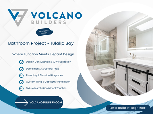 Bathroom Remodel - Tulalip Bay - Transform your bathroom at Tulalip Bay into a modern oasis! Enjoy elegant tile flooring, water-resistant walls, a frameless shower, and a chic double-sink vanity. Upgrade with efficient fixtures, optimal lighting, and smart features. Contact Volcano Builders today!