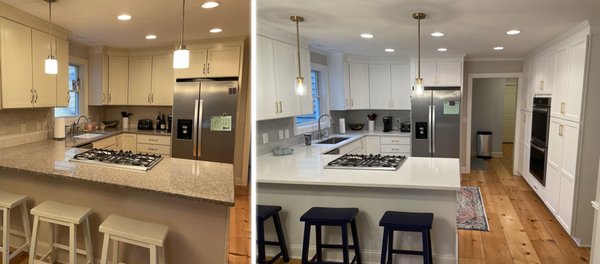 Kitchen Makeover in Dublin, Ohio - Before and after of a combined cabinet refinishing, color change, as well as adding pantry cabinet and new cabinet doors where a desk used to be. Kitchen Makeover in Dublin, Ohio - Before and after of a combined cabinet refinishing, color change, as well as adding pantry cabinet and new cabinet doors where a desk used to be.