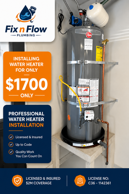 Offer on Water heater installation - Need a new water heater? Fix n Flow Plumbing offers providing and installation gas and electric water heater installation for $1,700. As a licensed and insured plumbing contractor (License C36-1142361), we obtain the required city permit and install your water heater up to current plumbing code for a smooth inspection process. Our installations include quality workmanship, fair pricing, and reliable service from start to finish. Contact us today to schedule your installation. Offer on Water heater installation - Need a new water heater? Fix n Flow Plumbing offers providing and installation gas and electric water heater installation for $1,700. As a licensed and insured plumbing contractor (License C36-1142361), we obtain the required city permit and install your water heater up to current plumbing code for a smooth inspection process. Our installations include quality workmanship, fair pricing, and reliable service from start to finish. Contact us today to schedule your installation.
