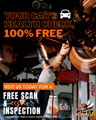 Your Car's Health Check, 100% Free✅ - Don’t wait for a small issue to turn into a big repair bill! Fix It Car Services is offering a Free Scan & Inspection to help keep your vehicle safe, reliable, and running smoothly. Our skilled team will thoroughly check your car, identify any concerns, and give you clear, trustworthy advice—absolutely free. Stop by today and drive with a peace of mind. Your Car's Health Check, 100% Free✅ - Don’t wait for a small issue to turn into a big repair bill! Fix It Car Services is offering a Free Scan & Inspection to help keep your vehicle safe, reliable, and running smoothly. Our skilled team will thoroughly check your car, identify any concerns, and give you clear, trustworthy advice—absolutely free. Stop by today and drive with a peace of mind.