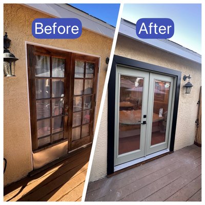 French Door Replacement - Replaced an old exterior French door that had worn frames and air gaps. Installed a new, well-fitted French door with updated hardware and proper sealing for smoother operation and better insulation. The finish matches the existing exterior, and the door now opens and closes cleanly without sticking.
