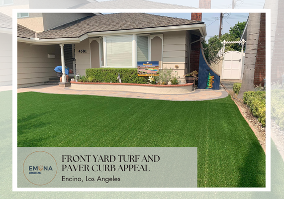 Premium Front Yard Turf & Paver Curb Appeal Upgrade - This front yard was upgraded with fresh artificial turf, clean paver borders, and a modern low-maintenance landscape design. The result is a bright, polished curb appeal that enhances the home’s exterior while reducing upkeep and water use. Premium Front Yard Turf & Paver Curb Appeal Upgrade - This front yard was upgraded with fresh artificial turf, clean paver borders, and a modern low-maintenance landscape design. The result is a bright, polished curb appeal that enhances the home’s exterior while reducing upkeep and water use.