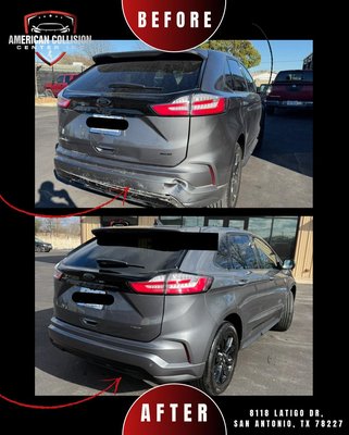 Ford Edge Rear Bumper Collision Repair - This Ford Edge came to American Collision Center with rear bumper damage that affected the appearance of the rear corner and lower bumper area. Our team completed the necessary collision repair, body work, bumper restoration or replacement, and refinishing to restore the vehicle’s rear end to a clean, factory-quality appearance. The final result brought the SUV back to a smooth, professional finish with close attention to fit, detail, and overall quality.